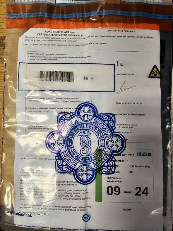 A fake insurance disc is one thing. A false insurance cert like this one presented to Naas Gardaí is another thing altogether - that means you go from a road traffic offence to a possible fraud charge. #SaferRoads