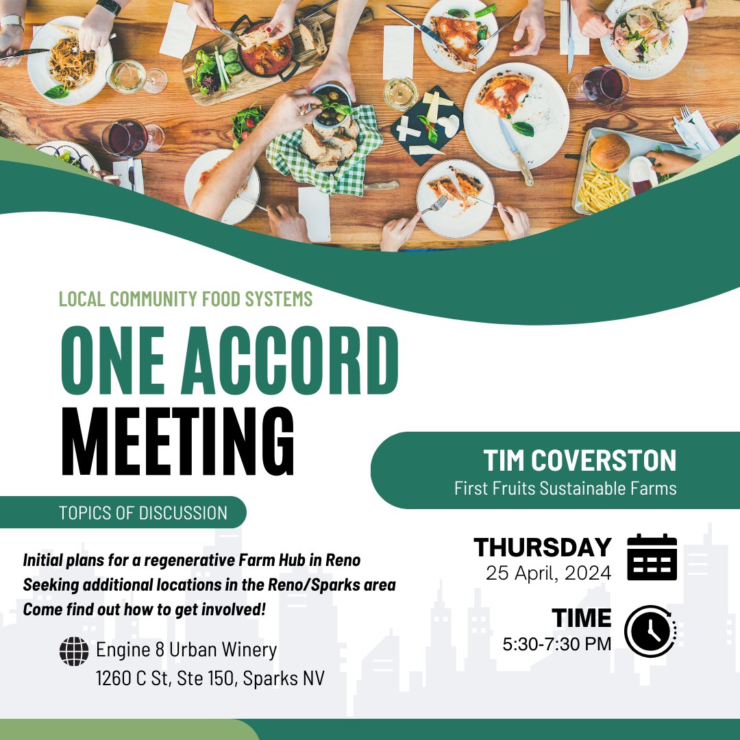 One Accord Meeting this Thursday!!! 🌱 We're digging into plans or a regenerative Farm Hub in Reno! Come join us for dinner & learn how you can help us shape a sustainable future! 🧑‍🌾 
#localfarmers #localfood #organic #communitygarden #farmhub wix.to/WgkqtBQ