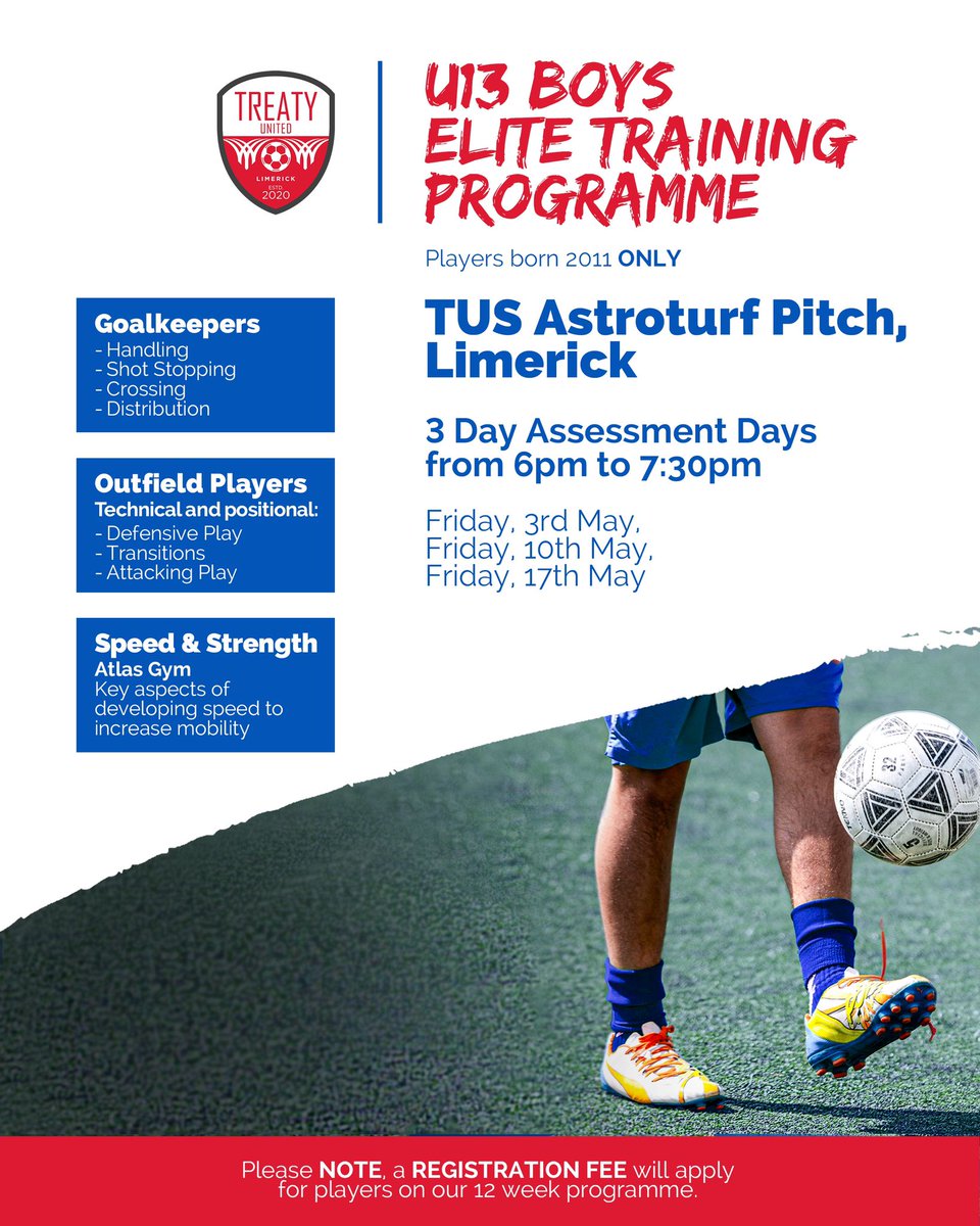 Treaty United will be running a twelve-week U13 Boys Elite Training Programme. Players will be selected based on three assessment days taking place in May. Registration 👇 🔗 - TreatyUnitedFC.com/boys-elite-tra…