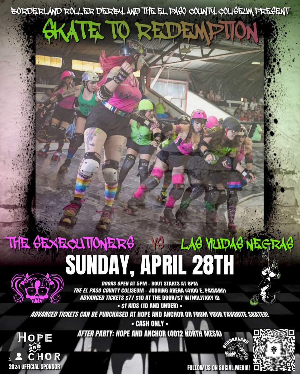 Join Borderland Roller Derby on Sunday, April 28th at County Coliseum - Judging Arena as the Las Viudas Negras take on The Sexecutioners. Doors open at 5pm First whistle blows at 6pm $7 Advanced Tickets/ $10 at the Door/ $7 with Military ID/ $1 for Kids (10 and Under) CASH ONLY