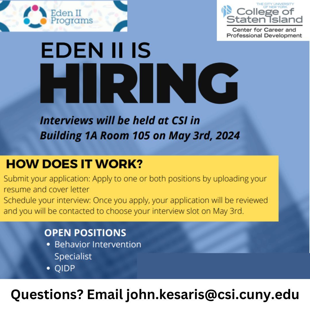 Passionate about creating a positive impact? Attend an interview day with Eden II Programs at CSI on May 3rd. Explore more and submit your application at: bit.ly/3WbPLwo #CareerOpportunity #ApplyNow