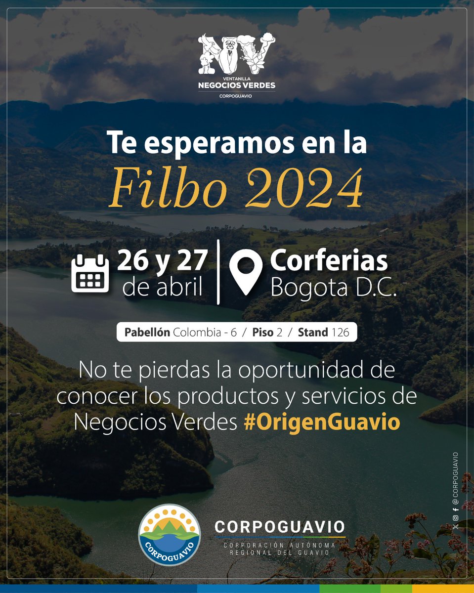 Te invitamos a apoyar a nuestros #NegociosVerdes #OrigenGuavio, en la #FILBo2024 👇 🗓️26 y 27 de abril y 01 de mayo 📍Corferias, Pabellón Colombia 6, Piso 2, Stand 126 ⏰9:00 a.m. a 8:00 p.m @MinAmbienteCo @ASOCARS @AmbienteCund