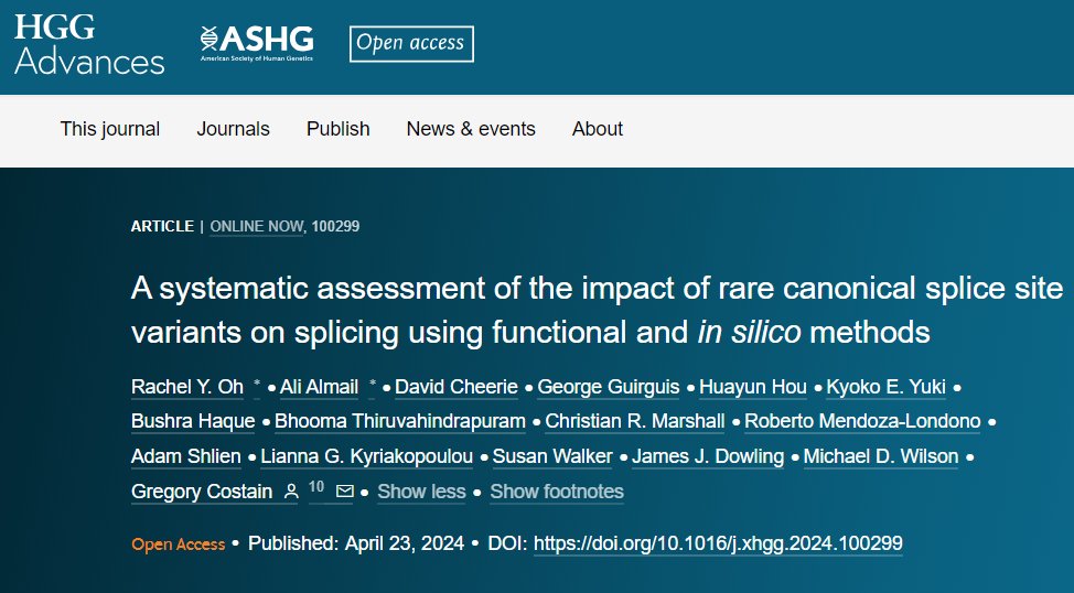 📢 New from Costain & colleagues 📰 A systematic assessment of the impact of rare canonical splice site variants on splicing using functional and in silico methods 👉bit.ly/3QdM2KX