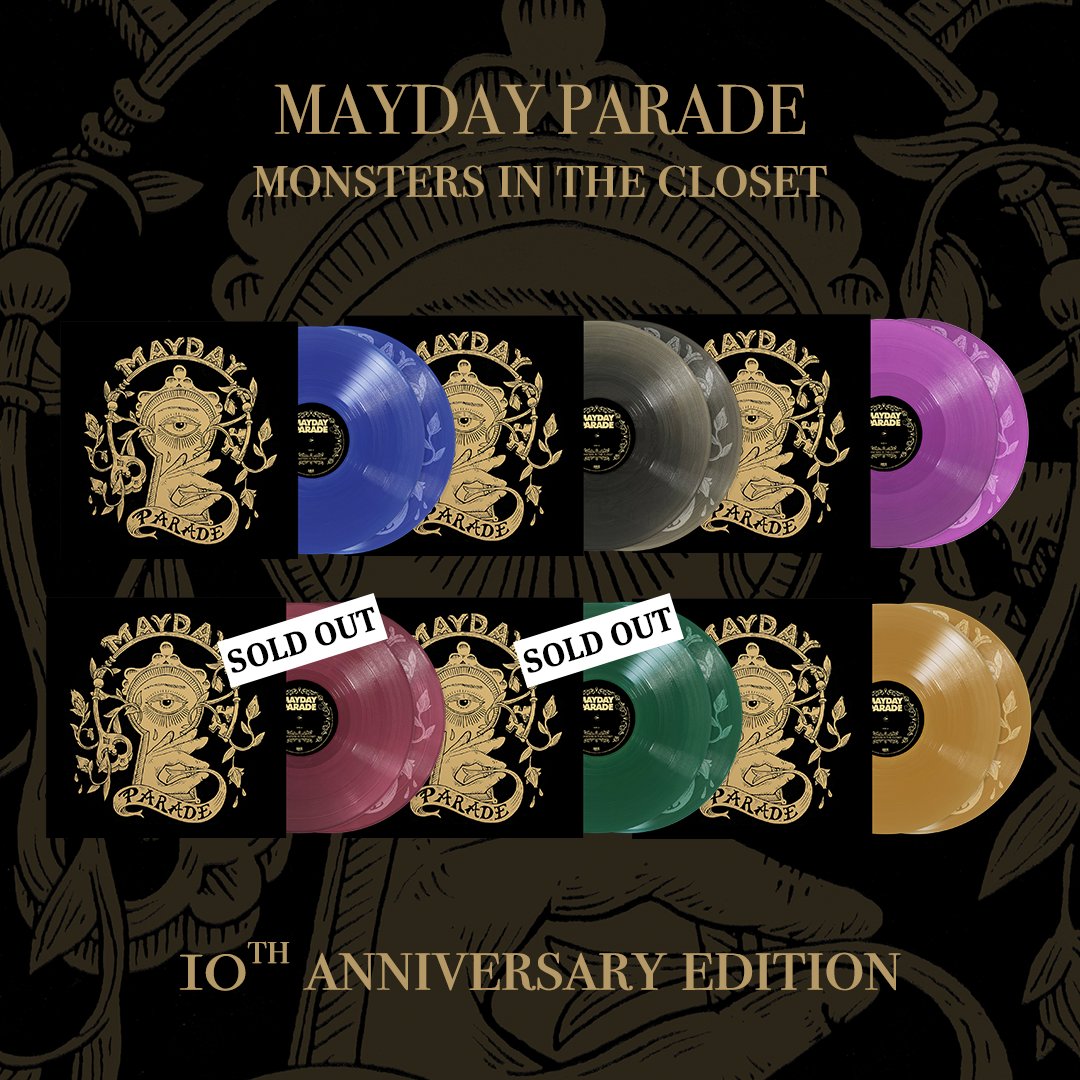 ICYMI: The 10th anniversary vinyl reissue of @maydayparade's bestselling album MONSTERS IN THE CLOSET is available now! The #MaydayParade-exclusive Fruit Punch and Evergreen variants are SOLD OUT, but you can still grab it in plenty of other colors: found.ee/mp-monsters10