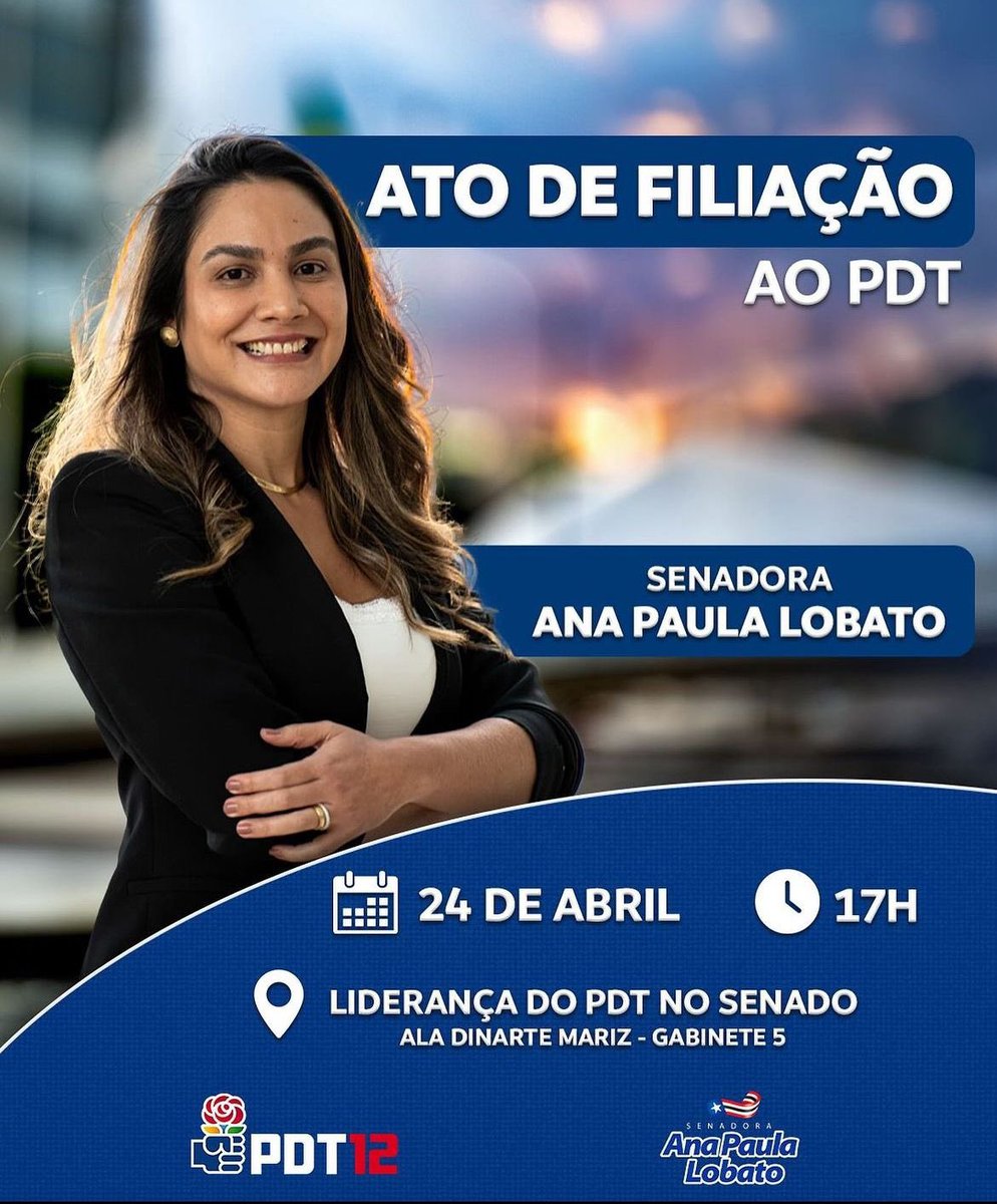 PDT_Nacional's tweet photo. Hoje o PDT tem a honra de receber de volta a senadora Ana Paula Lobato, do Maranhão, para fortalecer ainda mais nosso compromisso com o trabalhismo! O ato de filiação será na liderança do PDT no Senado, a partir das 17h. https://t.co/4sICPl1uJV