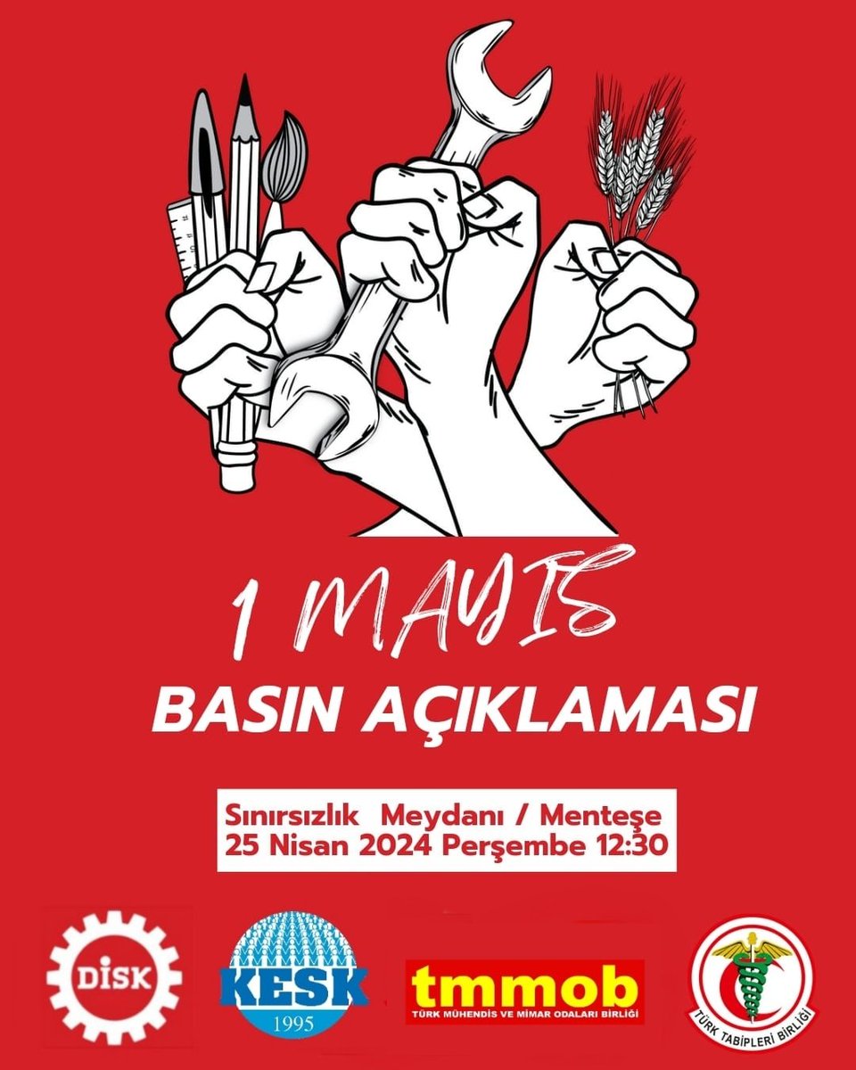 DiskMugla's tweet photo. 1 Mayıs coşkusunu tüm halkımızla paylaşma umudumuzu büyütmek üzere tüm emekçilerimizi basın açıklamamıza davet ediyoruz. https://t.co/xeCGjI0GWb