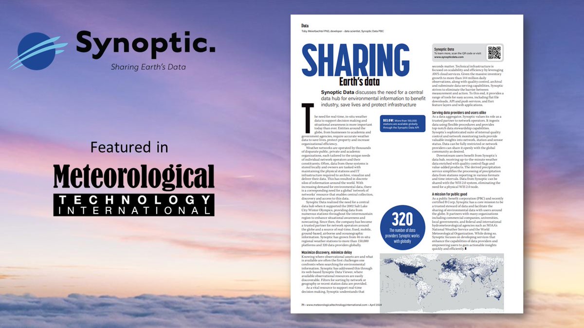 SynopticData's tweet photo. There are thousands of #weathernetworks around the world collecting critical environmental data. Learn the value of having a central data hub for this information in @MetTechMag https://t.co/PgoKgvpDJe
#weatherdata #synopticdata #weatherobservations https://t.co/c6w6LJGTD1