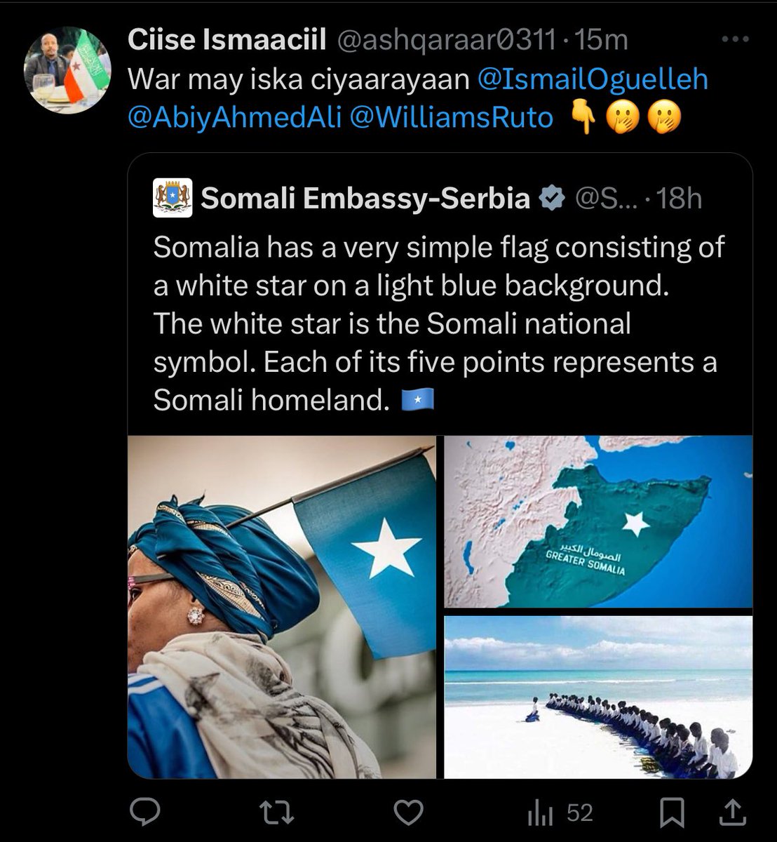 The Somali Embassy in Serbia 🇷🇸 tweeted a simple tweet explaining the origin of the Somali flag.

Secessionist gaalo raac started crying.

The greatest Somalia dream lives in the hearts of our people.  🇸🇴

قُلْ مُوتُوا۟ بِغَيْظِكُمْ ۗ إِنَّ ٱللَّهَ عَلِيمٌۢ بِذَاتِ ٱلصُّدُورِ