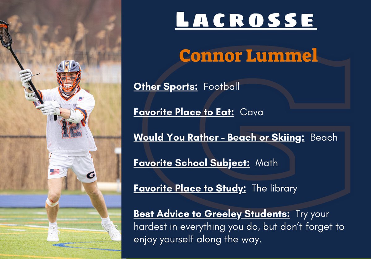 SENIOR SPOTLIGHT: Let's salute our talented 12th-grade athletes! 
TODAY: Join us in celebrating CONNOR LUMMEL, a member of our boys varsity lacrosse team! 
RETURN: We'll be sharing new Spotlights every night at 8 p.m. 
#GoGreeley #WeAreChappaqua @GreeleyMensLax