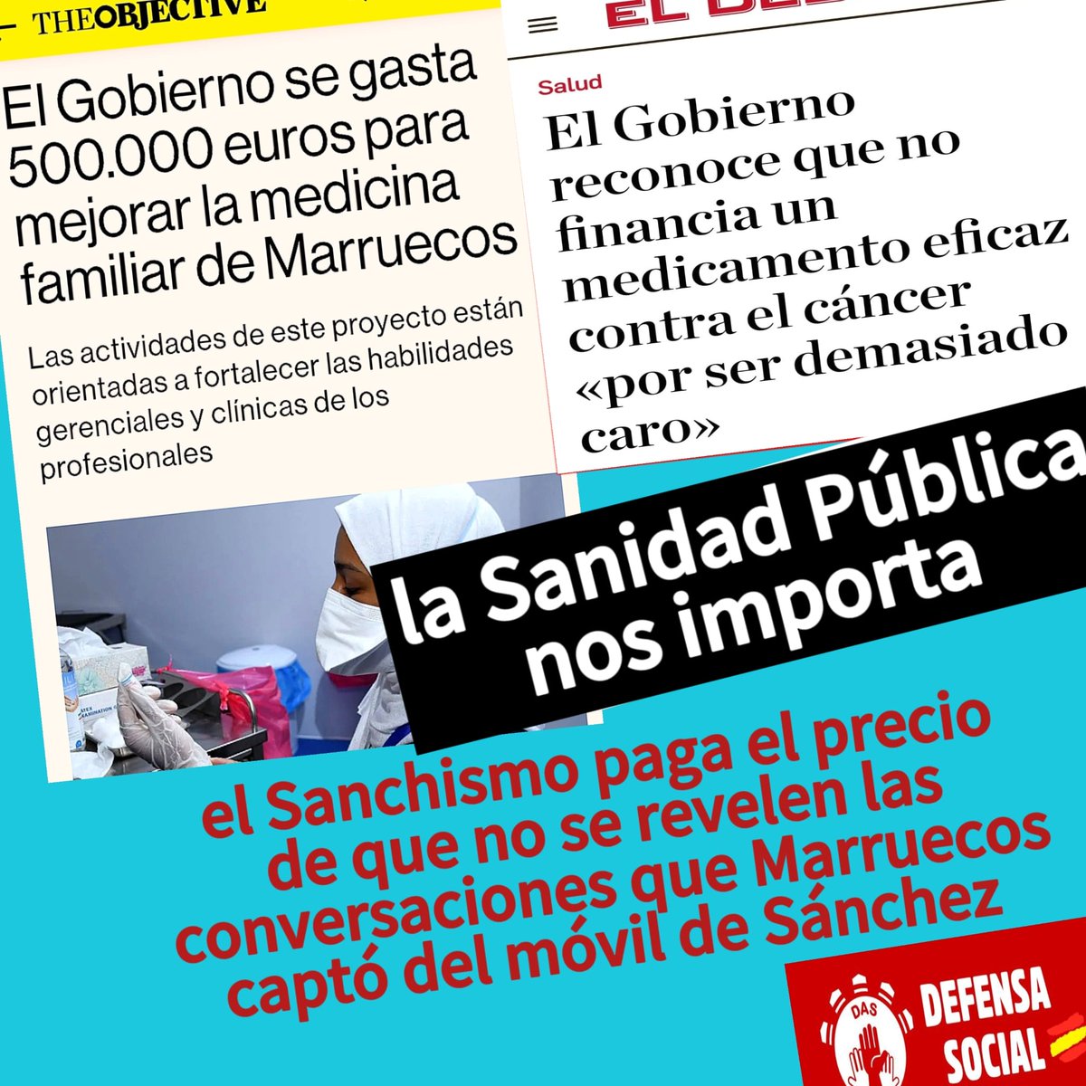 La salud de los españoles debe estar en primer lugar. Antes que los aviones privados del presidente, privilegios de la CASTA política, las deducciones fiscales a los bancos o pagos de no se sabe porque a otros países. 

En defensa de la sanidad pública española.
#DefensaSocial