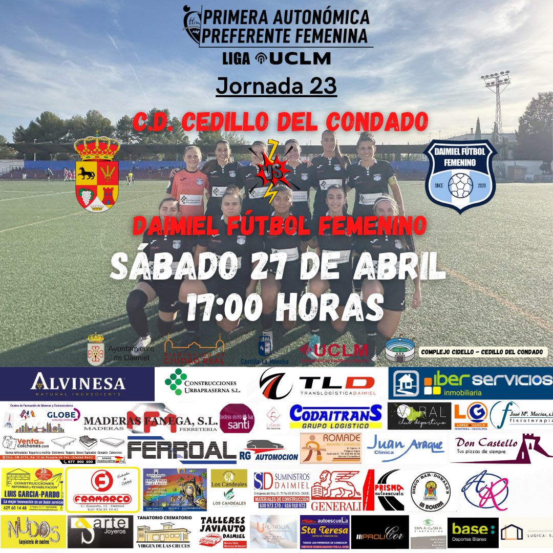 🔜 𝙋𝙍𝙊́𝙓𝙄𝙈𝙊 𝙋𝘼𝙍𝙏𝙄𝘿𝙊  | 𝙅. 𝟮𝟯

 🗓️ Sábado 27/04
 🏆 Liga UCLM 1ª Auto. Pref. Femenina
 🕕 17:00 Horas 
 🏟️ Complejo Cidello - Cedillo del Condado
 🆚 C.D. Cedillo del Condado 

#Daimielfutfem #PreferenteFemenina #Ligauclm #123abocaos #futfem 

🖤🤍💙