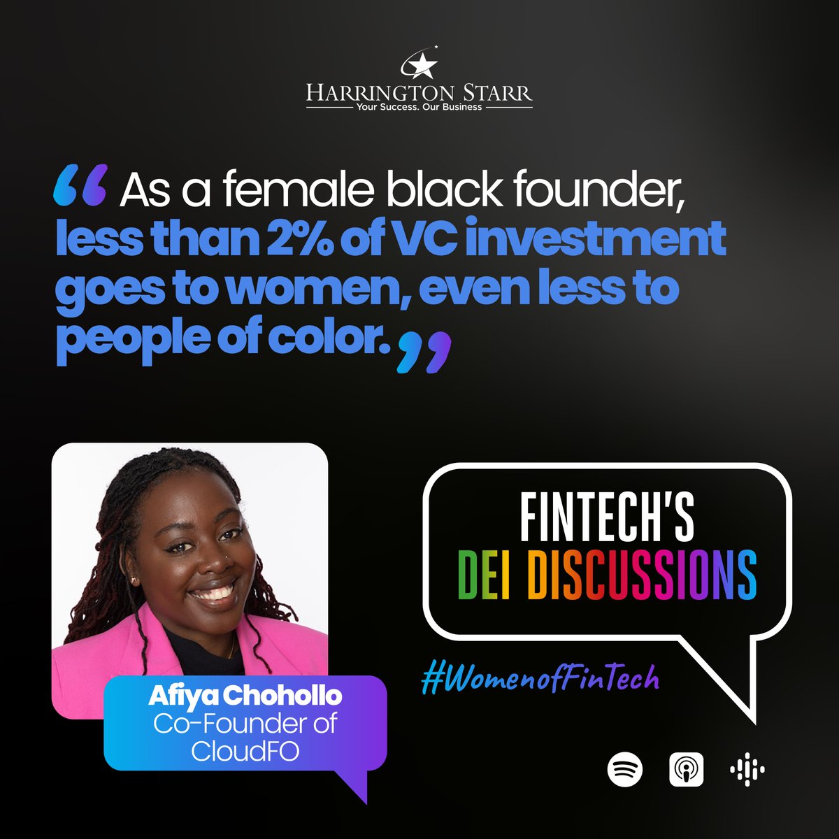 Check out the latest #FinTechsDEIDiscussions episode with Afiya Chohollo, CloudFO, as she discusses challenges in the tech industry and her initiatives for more equitable workplaces. Listen now: harringtonstarr.com/resources/podc… #WomenOfFinTech #WalkTheTalk #DiversityinTech