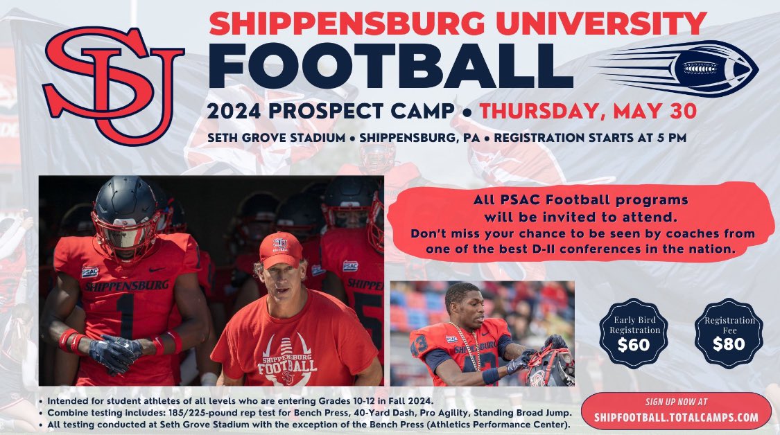 36 days away from Shippensburg University Football Prospect Camp. Make sure to sign up to show off your talents ‼️