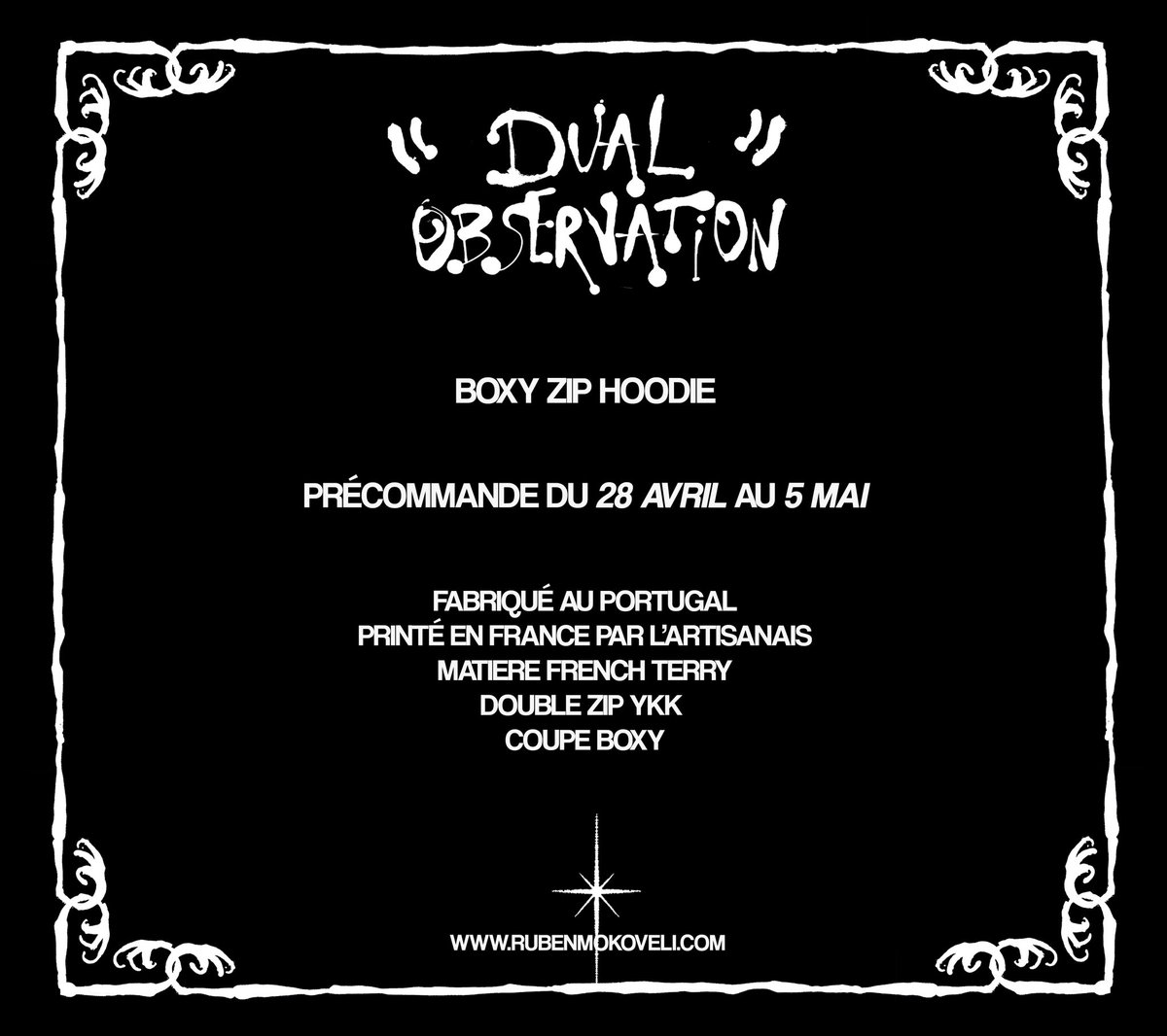 BOXY ZIP HOODIE “𝙳𝚄𝙰𝙻 𝙾𝙱𝚂𝙴𝚁𝚅𝙰𝚃𝙸𝙾𝙽”

PRE ORDER SOON !!! 

Made in Portugal
Printed in France
Boxy fit
500GSM : heavyweight 
2 ways zip-up YKK
French terry material