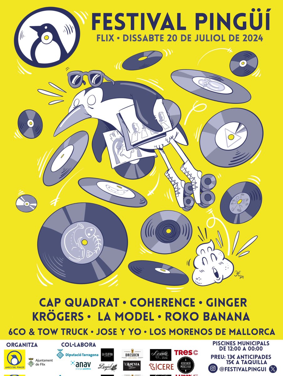 FestivalPingui's tweet photo. Pues aquí us presentem lo cartell del Pingüí 2024, obra d'Elena Hernando Estella. Enguany les piscines de Flix retronaran amb:

Cap Quadrat
@coherencebcn
Ginger
@DieKrogers
@grup_lamodel 
@rokobanana 

Entrades disponibles a la bio.
Mos veiem lo 20 de juliol!

Salut i pingüins🐧 https://t.co/dTILj4N3h5