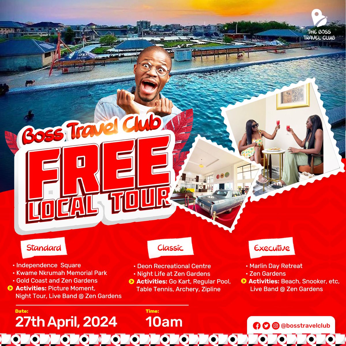 🎉🎉The next upcoming Boss Travel Club free tour is happening live this Saturday, April 27th, 2024🎉🎉

If you haven't signed up yet, this is the time to do so!
Don't miss out on the next free trip!

#thebossapp #thebosstravelclub #tbcghana  #adansitravels #freetrip  #travelclub