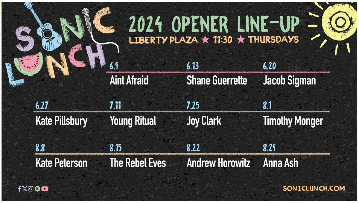 2024 @bankofannarbor #SonicLunch Openers!! Our headliners are announced this Monday at 8 AM on @annarbors107one🎙️🎶☀️ @aint_afraid @ShaneGuerrette @JacobSigman Kate Pillsbury @YoungRitual @JoyClarkMusic @timothymonger @kpetersonsongs The Rebel Eves @adhorowi & Anna Ash #annarbor