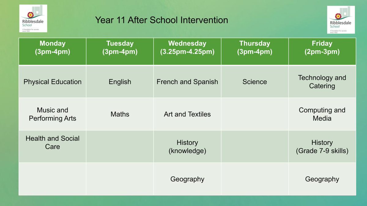 GCSEs are fast approaching! We have put together this revision timetable to further help support our Year 11 pupils in preparing for their final examinations this summer. Pupils are also encouraged to come to the many available after school sessions to get some extra study in.