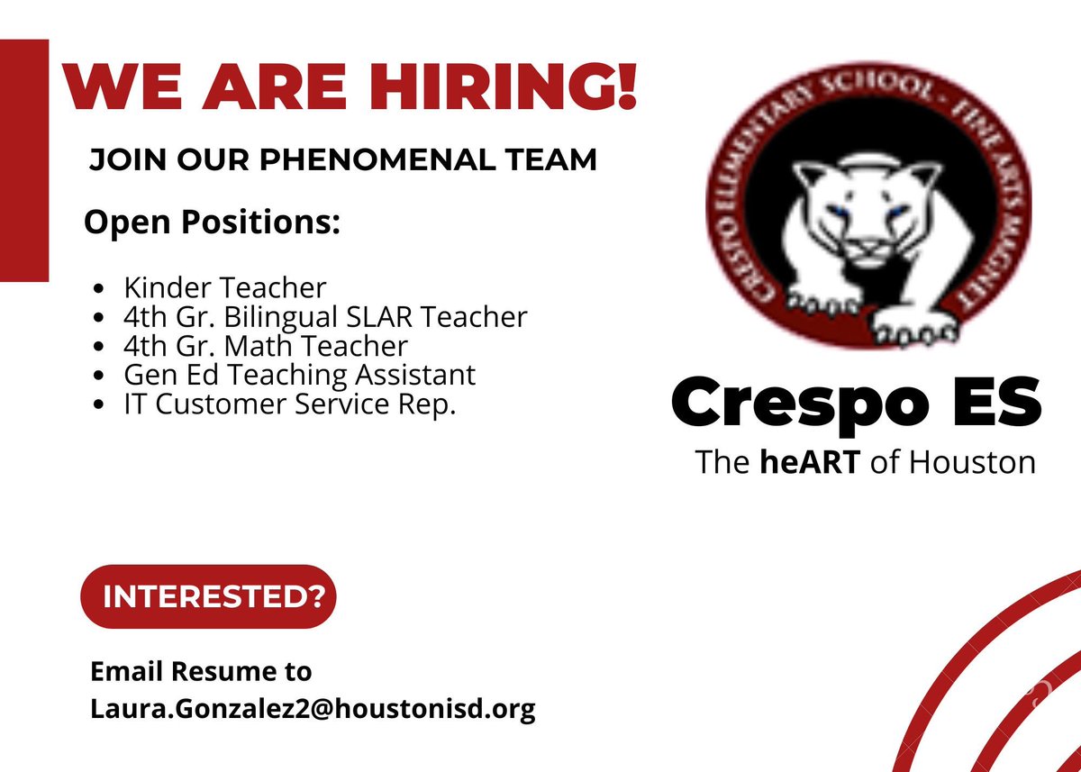 Passionate about education? 📣 Join our team today. We are hiring enthusiastic educators who are committed to making a difference in students’ lives. Apply now and be part of our phenomenal team! ♥️🐾🍎 #GameChangers #TheHeARTofHouston @HisdSouth @HISDRecruiter