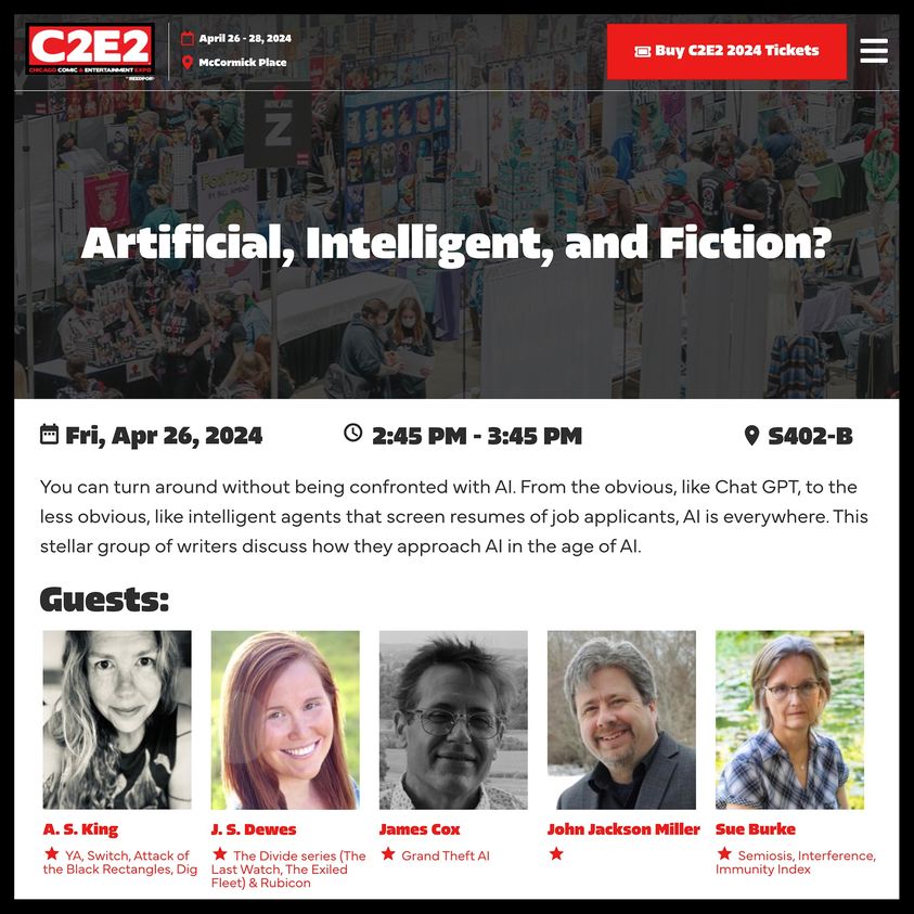 If you come to C2E2 this Friday in Chicago, say hi! I'll also be at the Science Fiction Outreach Project, Booths 1033 and 1132, where we give away gently used and well-loved science fiction and fantasy books.