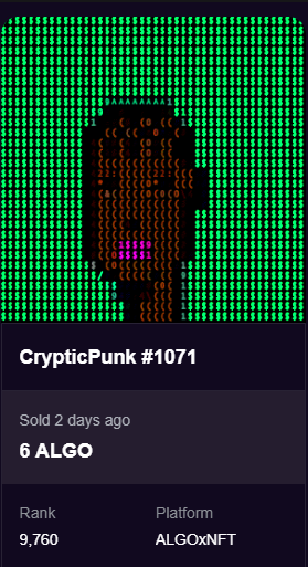 CrypticPunks's tweet photo. JUST IN: Another Punk Sold 🚨👀‼️

Thanks @ilcryptomuso 💚

#AlgorandNFTs https://t.co/nqFe6smYkr
