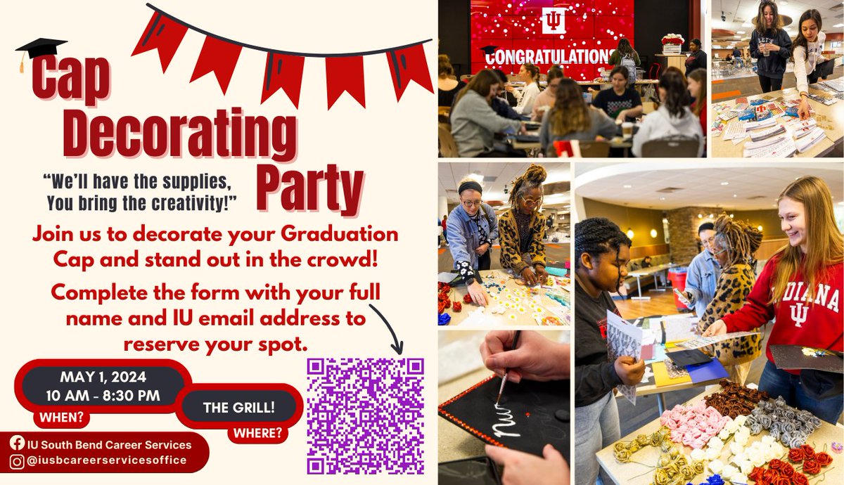 The countdown is on for when we officially celebrate our grads! Show up in style - join IU South Bend Career Services for their Graduation Cap Decorating Party. Supplies and refreshments provided. Limited space available - reserve your spot on TitanAtlas: titanatlas.iusb.edu/event/9101759
