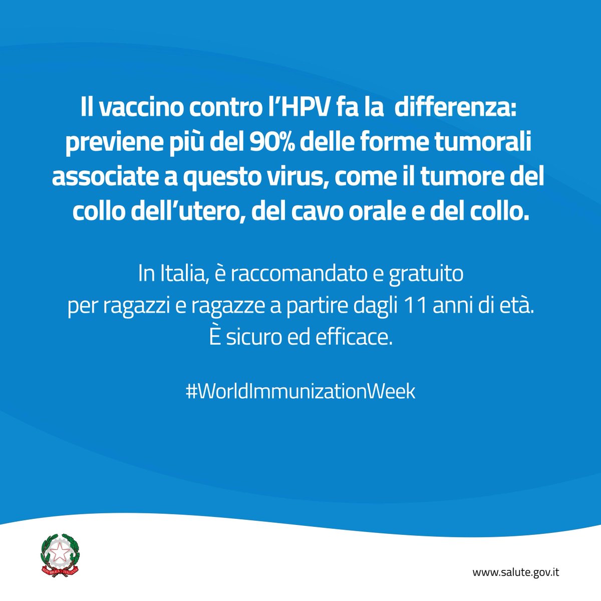 L’infezione da #HPV è l’infezione sessuale più frequente e può causare gravi conseguenze alla salute di ragazze e ragazzi. La vaccinazione è sicura, efficace e gratuita a partire dagli 11 anni di età. Parlane con il tuo medico. 🔗bit.ly/VaccinazioniAd… #EIW2024