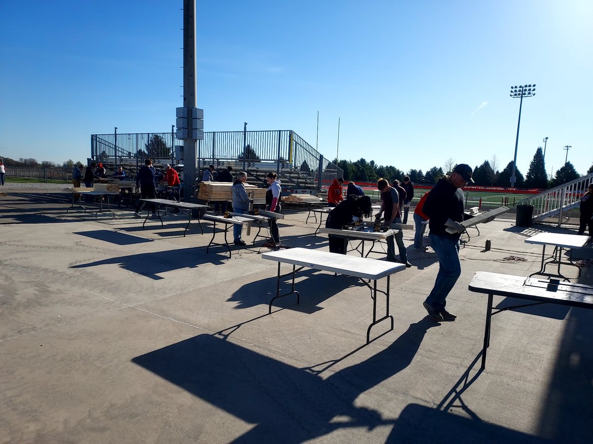 We have been here since 7am and  fully underway building beds for Sleep in Heavenly Peace. 20-30 students working per shift out behind the football stands. It's a great day to be of service to others! #PantherPride
#TogetherWeAchieve