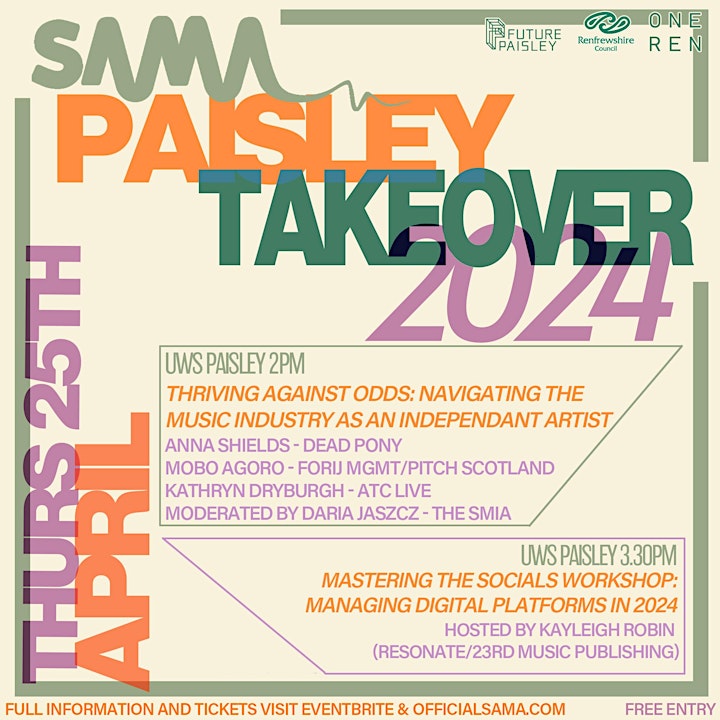 The Scottish Alternative Music Awards (SAMA) are taking over Paisley this Thursday and Friday! Catch our very own Project Manager Kayleigh Robin (iluna) at her FREE Mastering the Socials workshop... Claim your free workshop ticket ⬇️ t.ly/dqkcI