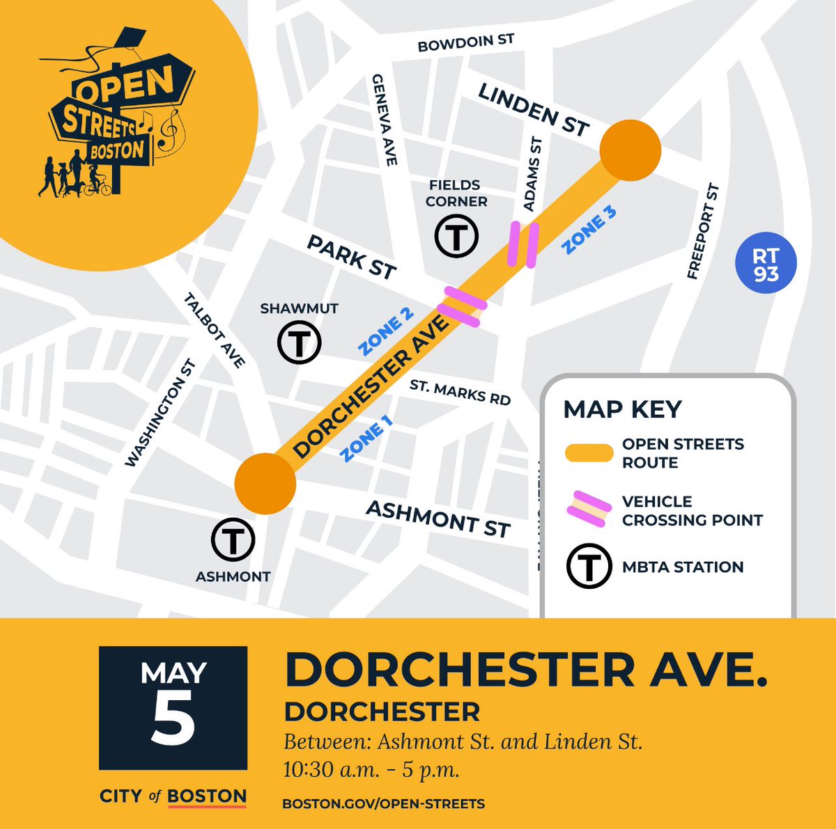 Open Streets is back! Join us on Sunday, May 5 from 10:30 am - 5 pm on Dorchester Ave. (from Ashmont St. to Linden St.) to experience this car-free public space. Come bike, walk & roll while you connect with neighbors and businesses owners. For more info: boston.gov/departments/tr…