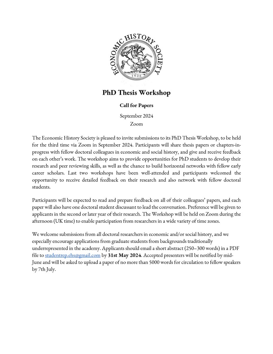 📢 Call for Submissions! Economic History Society's 3rd PhD Thesis Workshop, Sept 2024 via Zoom. Share thesis papers, gain feedback, build networks. Apply by May 31. @EcHistSoc #econhist #twitterstorians #PhDWorkshop