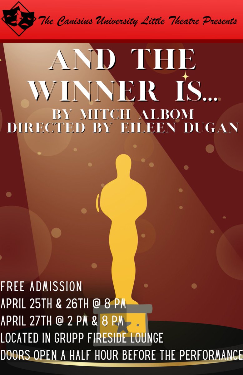 CCLT's tweet image. Little Theatre’s final show this year opens tomorrow!!
Join us in Grupp Fireside Lounge as we eagerly await to find out who will win Best Supporting Actor 🏆
 
Show Begins at 8PM the 25th and 26th then continues the 27th at 2PM and 8PM.
Performances are in Grupp Fireside Lounge