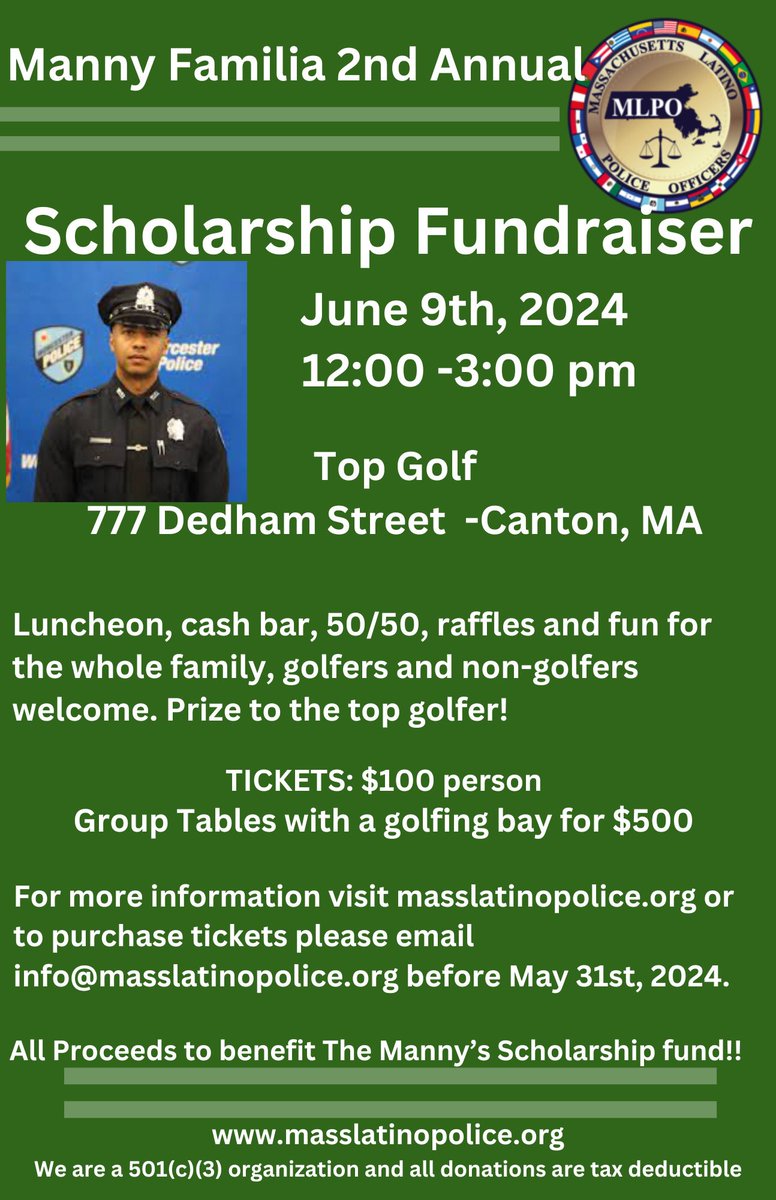 Our scholarship fundraiser event is fast approaching… reserve your tickets and join us for a fun event!! Click on the link to purchase tickets. Group tables for 8 with golfing bay available too! masslatinopolice.org/manny-familia-…