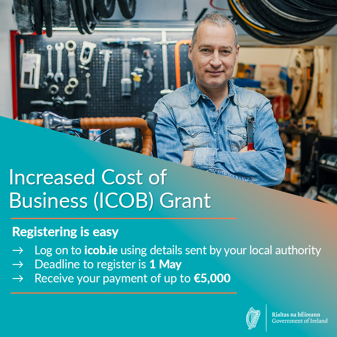 Increased costs have placed significant pressure on Irish businesses. To help, Government is providing €257 million for the ICOB grant to small and medium businesses who pay commercial rates. Register for your grant today at icob.ie @DeptEnterprise