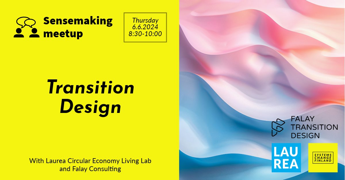 Systems Change Finland (@systemschangefi) on Twitter photo The next #Sensemaking #meetup on June 6th 8:30-10:00 is organised with <a href="/laureauas/">Laurea-ammattikorkeakoulu</a> #CircularEconomy #LivingLab. In the Event <a href="/Zeynepfalay/">Zeynep Falay von Flittner</a> will be speaking #TransitionDesign.
Register here to get the link to the event: lyyti.in/kiertotalousli…
More info: systemschange.fi/facebook-event… The next #Sensemaking #meetup on June 6th 8:30-10:00 is organised with <a href="/laureauas/">Laurea-ammattikorkeakoulu</a> #CircularEconomy #LivingLab. In the Event <a href="/Zeynepfalay/">Zeynep Falay von Flittner</a> will be speaking #TransitionDesign.
Register here to get the link to the event: lyyti.in/kiertotalousli…
More info: systemschange.fi/facebook-event…