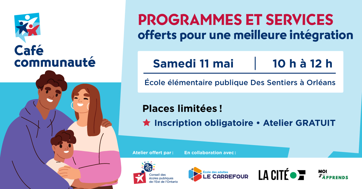 Atelier Café Communauté ☕️ qui s'adresse aux familles nouvellement arrivées au Canada ou en Ontario et aura pour objectif de présenter les différents programmes et services dont celles-ci peuvent bénéficier pour faciliter leur intégration. Inscriptions : cepeo.on.ca/cafe