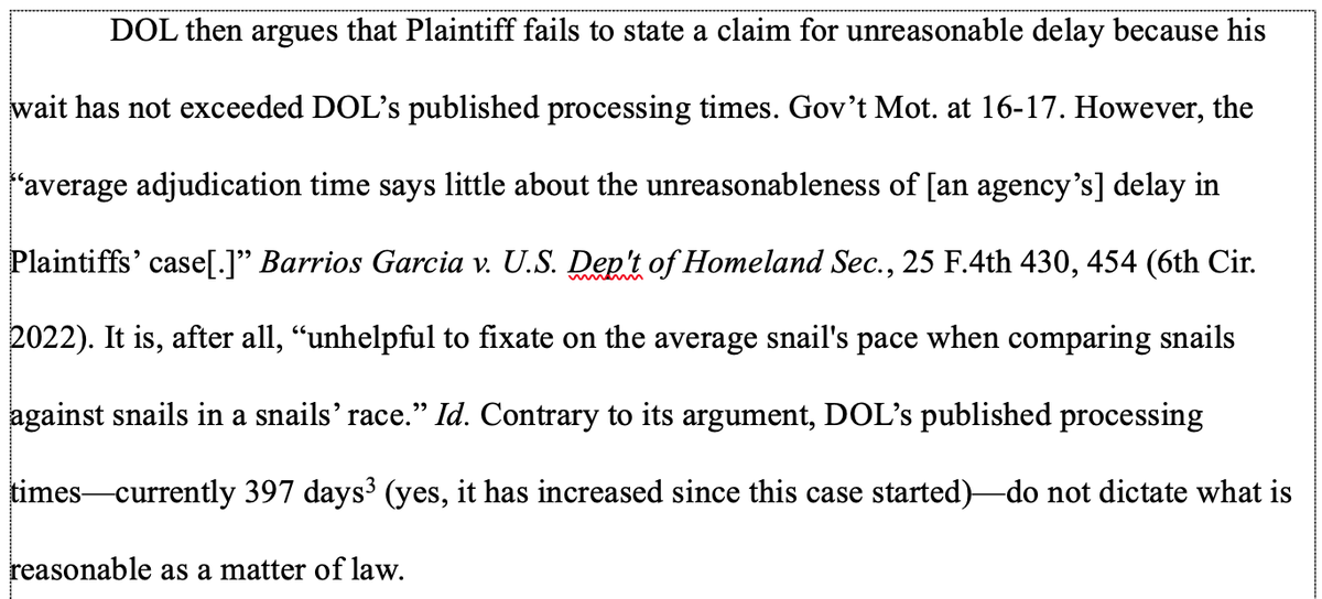BaniasLaw's tweet photo. I still smile every time I quote the 6th Circuit's brilliant snail analogy. #PERMdelay But if @TheJusticeDept and @USDOL continue to make nearly frivolous arguments that their processing times dictate what is reasonable, I will continue to compare them to snails. https://t.co/fEmxdUZbn1