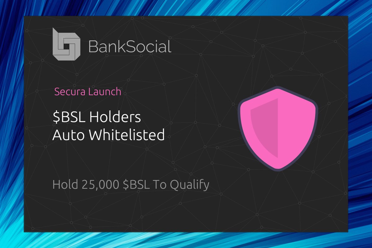 BANKSOCIALio's tweet photo. Big News for $BSL Holders!

Hold a minimum of 25,000 #BSL tokens in your wallet to receive early access to purchase #Secura #NFT’s before the public mint. Early Access will be offered in the BankSocial App.

📲https://t.co/GI9rNF72Zp

Launch loading in less than 2 weeks⏰

#BankSocial #Hedera #BSL #HBAR #Secura