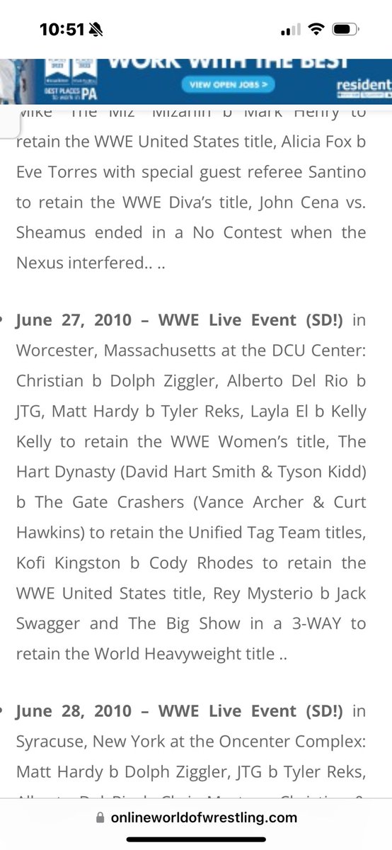 What was the card for your first wrestling show? WWE live event Smackdown- 06/27/10 A family friend of mine surprised me with my first ever set of wrestling tickets the day of the show. I remember parking near the train station and meeting Matt hardy walking into the DCU center