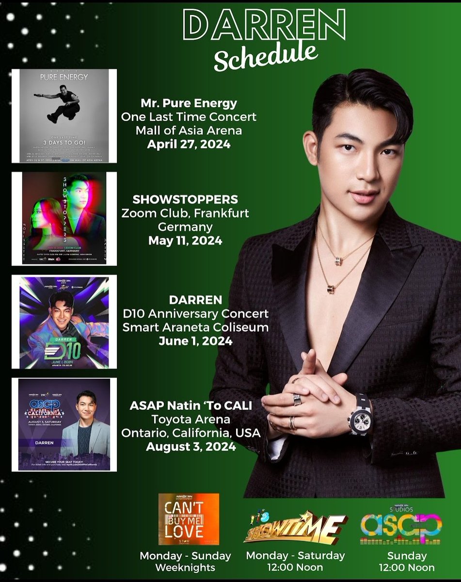 TheDarrenatics2's tweet photo. Catch Darren on the following schedule of shows and concerts! Mark your calendars and don't miss the chance to watch him performing live!💚

#DARREN #D10 @Espanto2001 https://t.co/eL72hG0mI1
