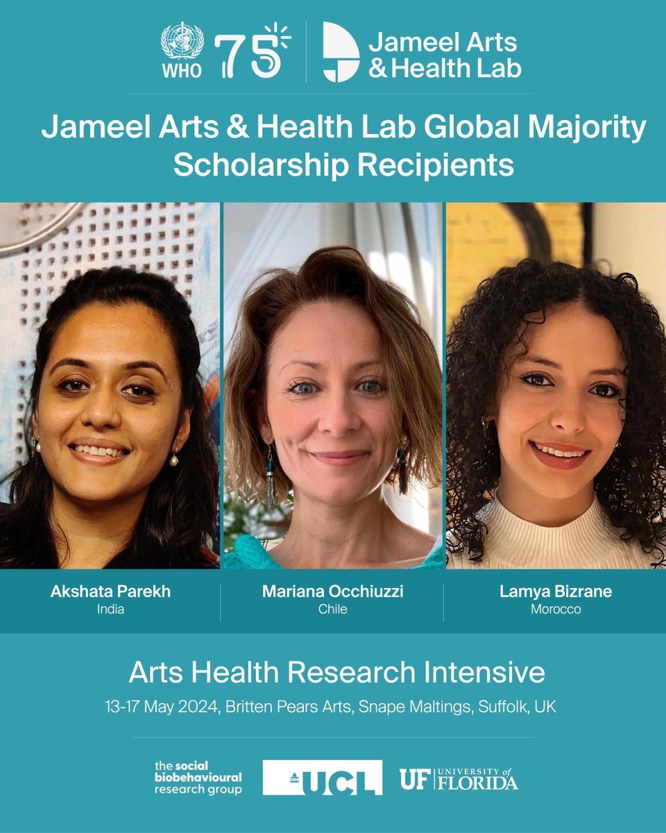 Congratulations to the Jameel Arts & Health Lab Global Majority Scholarship Recipients for the 2024 Arts Health Research Intensive! Learn more about the programme, the recipients and the scholarship on our website: jameelartshealthlab.org/outreach/capac… @UCL_SBB @UF