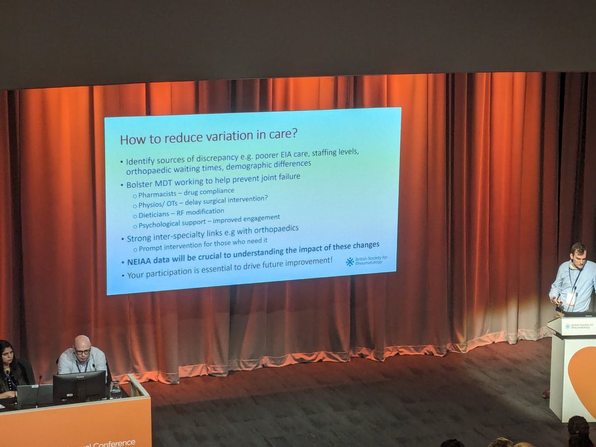 Great talk from Dr Ed Alveyn considering who progresses to joint failure/requires joint replacement at #BSR24 'Exploring Rheumatoid Arthritis in the 2020s: From Diagnosis to Treatment' session