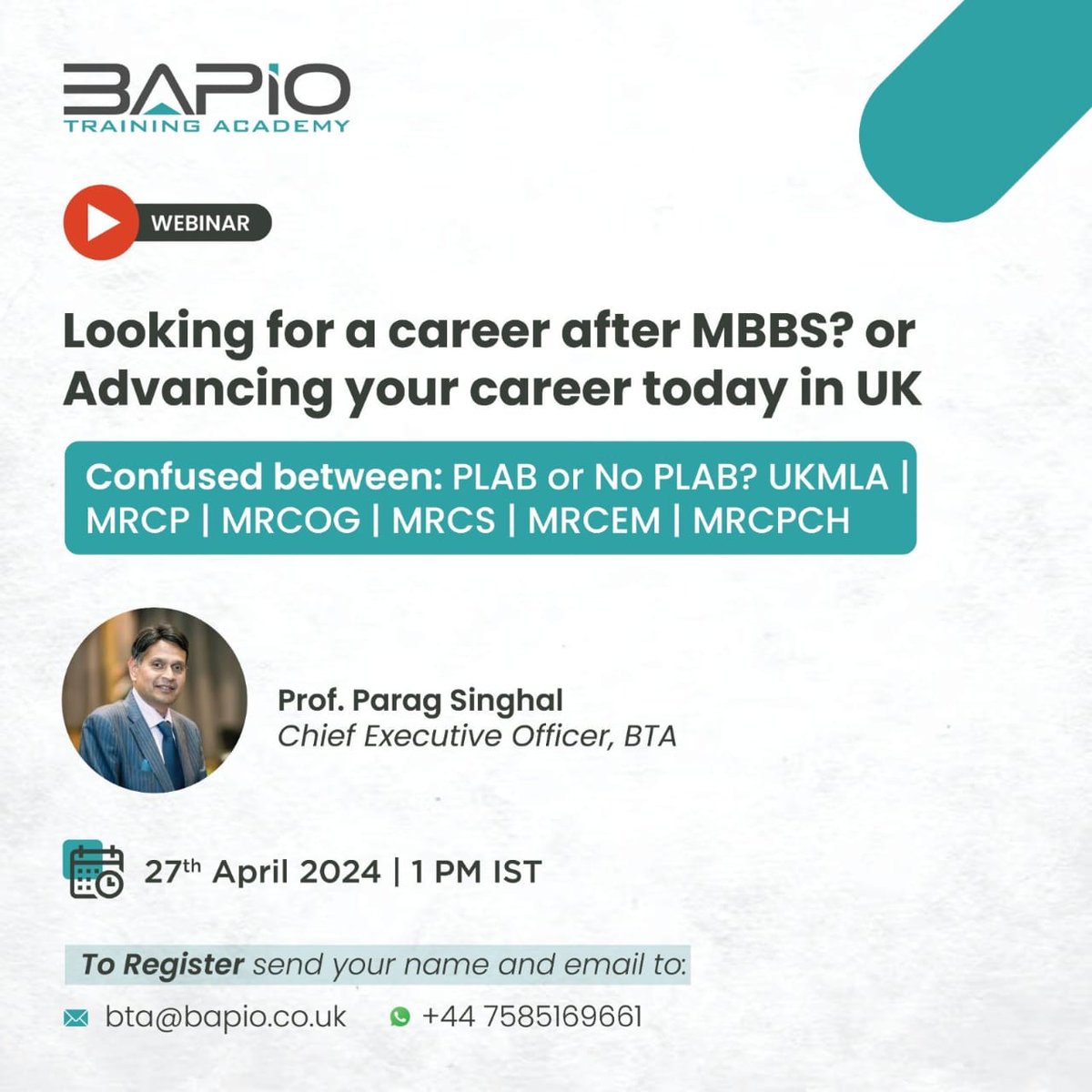 Join us at Bapio Training Academy as we illuminate your path to success in the medical field. Register for our webinar: bta@bapio.co.uk or WhatsApp +44 7585 169661. 'Together, Let's Fill The World With Highly Skilled Doctors' #MedicalProfessionals #Training #MBBS #uk