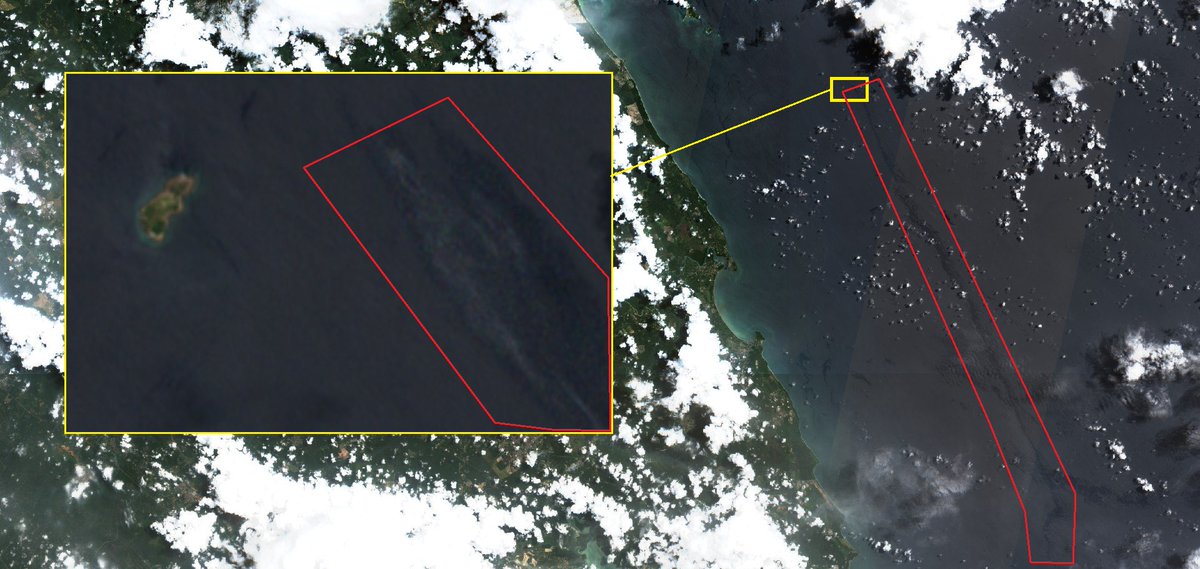 We've noticed a 60km long spill off the coast of Kuantan, Malaysia in today's satellite imagery. Based on the two imagery sources we've compared against (taken only 3 minutes apart), the spill may have reached shore 5 hours ago.