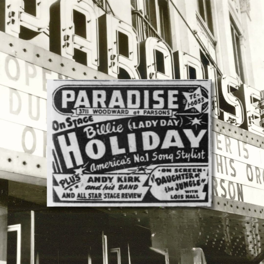 BillieHolidayHQ's tweet photo. This week in 1949, #BillieHoliday performed a five-day stint at the Paradise Theater in Detroit, Michigan. She was joined on stage by Andy Kirk and his band.

#ParadiseTheater #LadyDay #AndyKirk 
[Photo: Background, Detroit Symphony Orchestra] https://t.co/kPuQSxVkl4