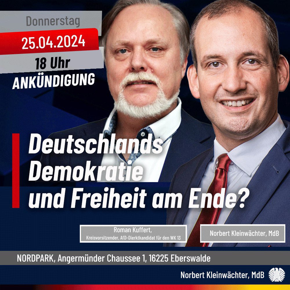 Sind #DeutschlandsDemokratie und #Freiheit am Ende? So wie die #Regierung handelt, muss man sich das fragen. Wir klären das am Donnerstag in #Eberswalde, mit Roman Kuffert und Norbert Kleinwächter.