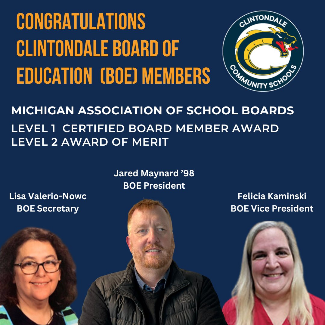 clintondalesch's tweet photo. Three Clintondale Community Schools Board of Education members received Level 1 and Level 2 certifications yesterday at the MCSBA Annual Education Leadership Dinner. #MASB #MISD #SchoolBoardLeadership https://t.co/Yo0l4r1Oq6