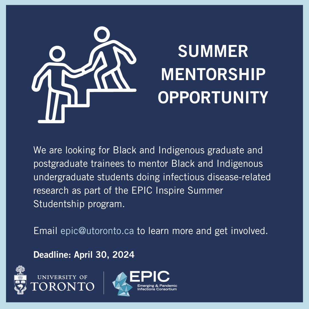 Are you an Indigenous or Black student at @uoftmedicine looking for an opportunity to share your insights? The @UofTEPIC Inspire Summer Studentship program is looking for mentors to support the incoming cohort. Email epic@utoronto.ca before April 30 if you are interested!