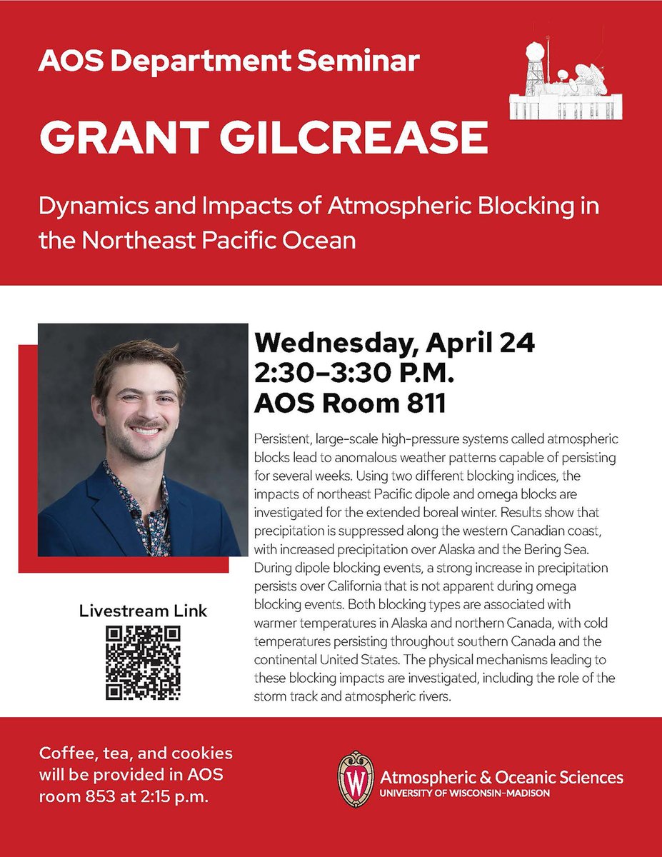 Join us today for our Department Seminar at 2:30! Grant Gilcrease, AOS graduate student, will discuss 'Dynamics and Impacts of Atmospheric Blocking in the Northeast Pacific Ocean.' Watch online: youtube.com/watch?v=_hNS1v…