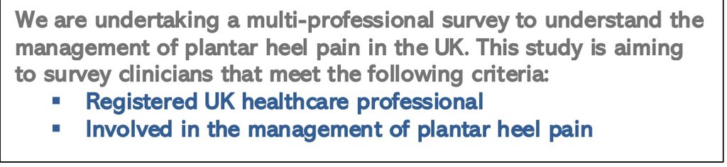 Plantar heel pain survey!  If you’re interested in completing the survey, please click here: app.onlinesurveys.jisc.ac.uk/s/leeds/a-mult…. Please share with any colleagues that you feel may be of interest! If you have any questions, please contact Chris Drake: c.j.drake@leeds.